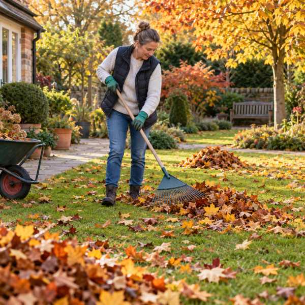Cuándo recoger las hojas caídas del jardín durante el otoño Persona recogiendo hojas caídas con un rastrillo sobre el césped de un jardín en otoño